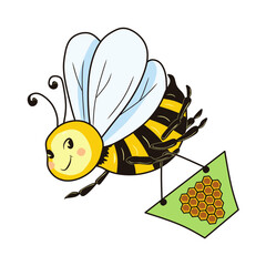 Cartoon image of a bee with a bag of honeycombs. Design element to add to the composition.
