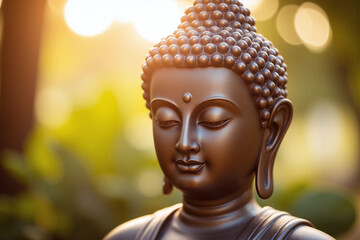 close up of a buddha statue with the sun in the background