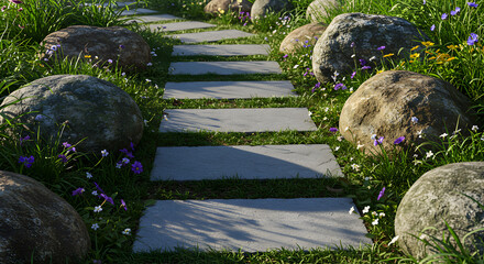 Tranquil Garden Path with Stepping Stones and Boulders in Lush Greenery