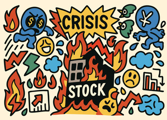 Stock market crisis with financial chaos doodle