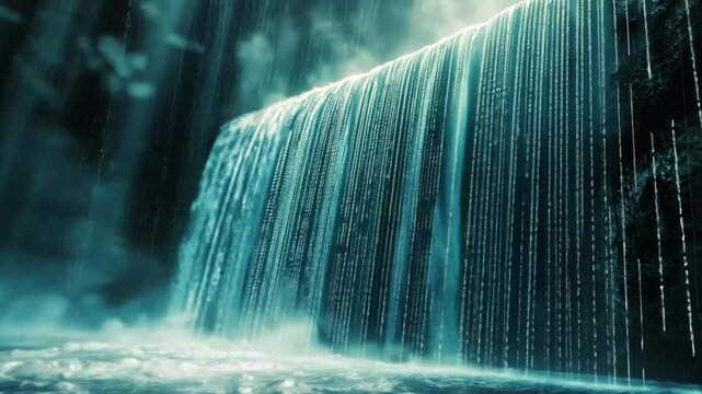Digital waterfall cascading data streams representing information flow and modern technology with ethereal light and serene artificial intelligence theme