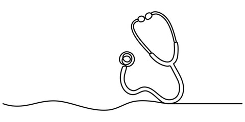 World health day medical stethoscope single line art, continuous one line drawing of Isolated outline vector icon, Single line of stethoscope vector illustration. 

