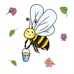 Drawing in a children's style. Cartoon bee carrying honey. Element for creating compositions.
