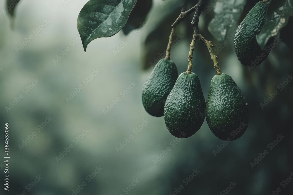 Poster ripened avocados hanging from a lush tree branch in a serene orchard setting, showcasing vibrant gre