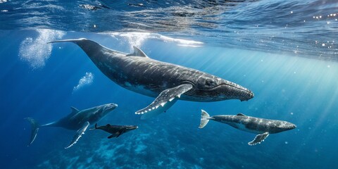 Naklejka premium Humpback whale swimming with calf in sea Close up of humpback whale Coming to surface to breathe 
