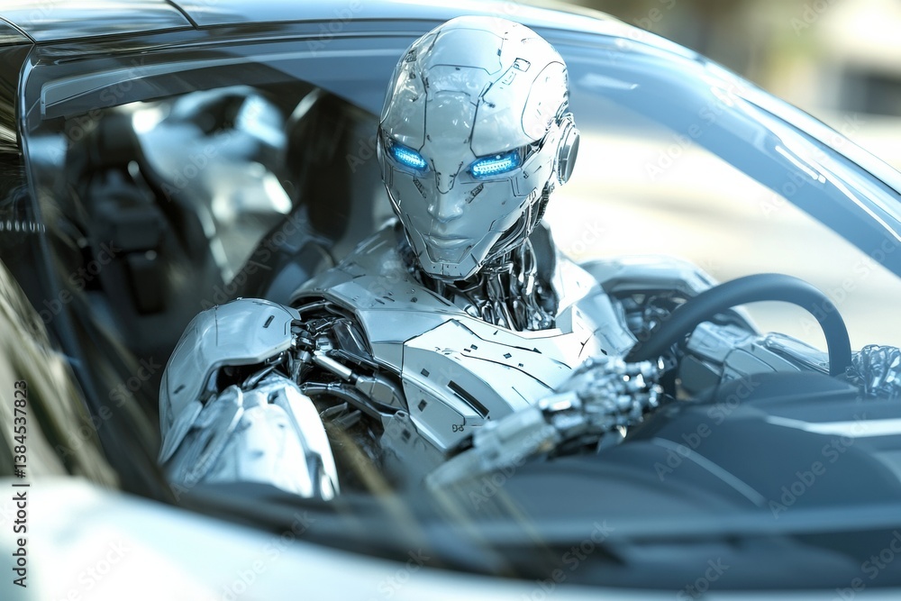 Poster Highly detailed 3D-rendered robot driving a futuristic car with hyper-realistic designs and complex reflections during bright daylight