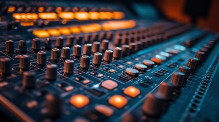 Fototapeta premium Close-up of an Audio Mixing Console with Illuminated Controls