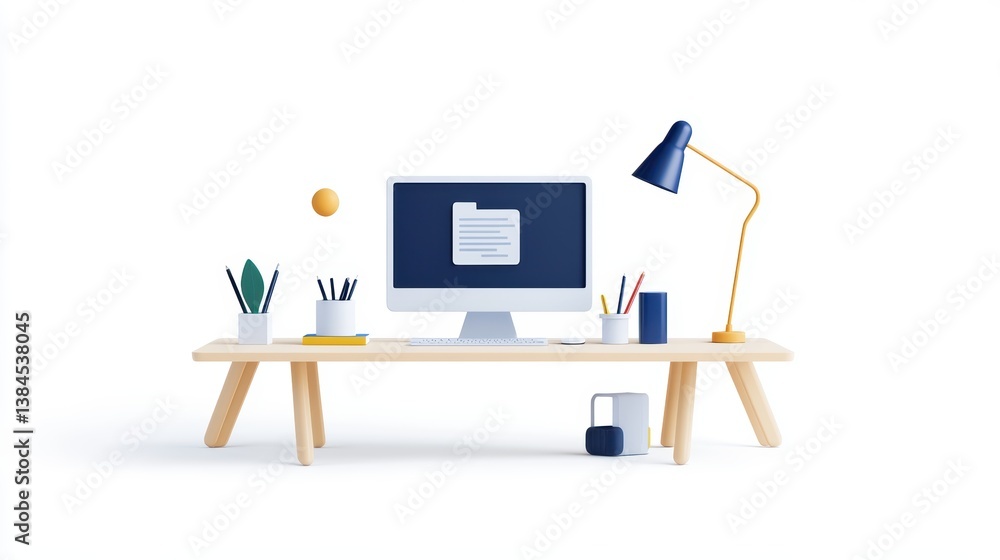 Poster modern desk setup with computer, lamp, and cup, enhance your workspace for optimal productivity