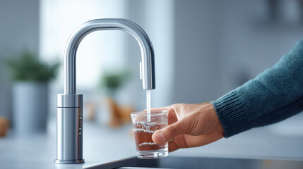person fills glass with water from modern kitchen faucet