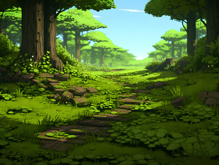 Fototapeta premium Lush Green Forest Path Under Bright Sunlight With Tall Trees And Dense Foliage Creates a Tranquil Pixel Art Landscape