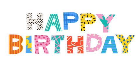 Vector art of Happy Birthday design letters colored with various patterns