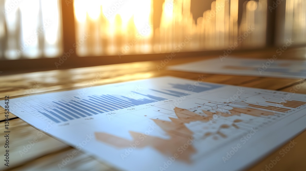 Poster business analytics report with charts and graphs at sunset lighting