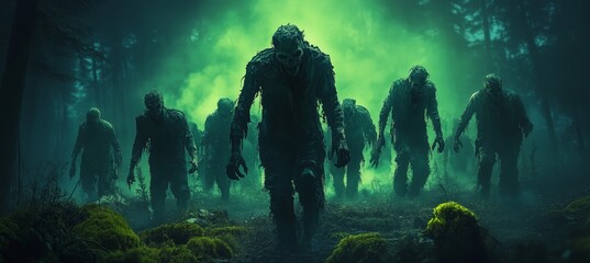 Zombie horde on dark background. Horror creepy haunted background. Generative AI technology.	
