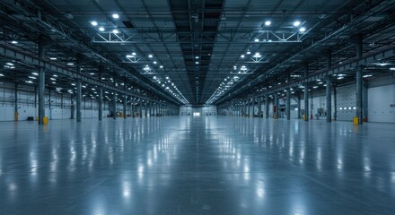Interior view of a vast empty warehouse with shiny floor and many lights on the ceiling in perspective