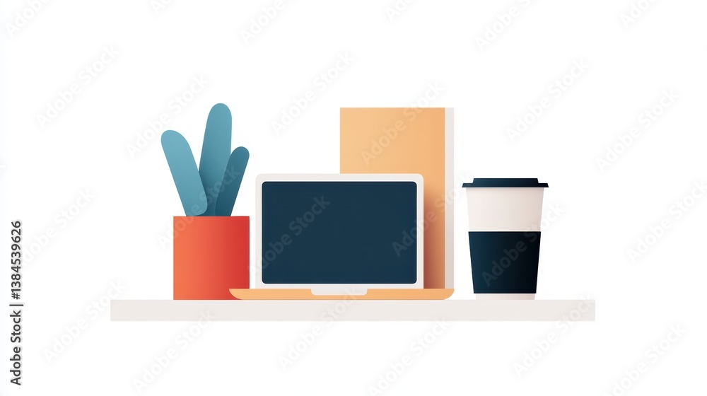 Poster modern minimalist workspace, computer setup with a touch of nature