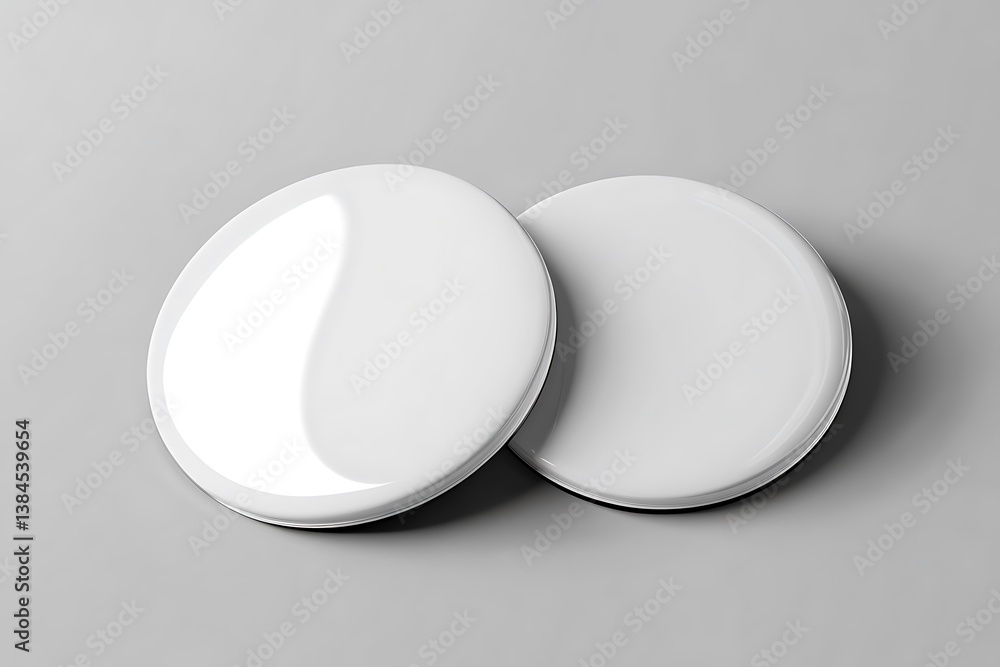 Poster two blank white glossy buttons on gray surface highangle realistic mockup
