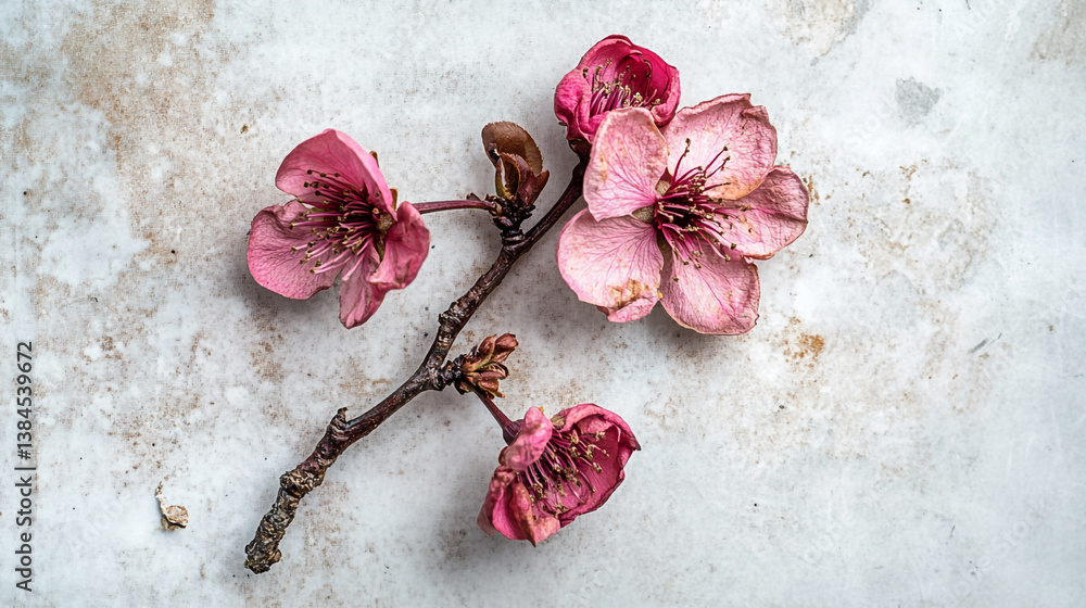 Poster a top view of a branch with pink blossoms on a white mottled background with some visible texture