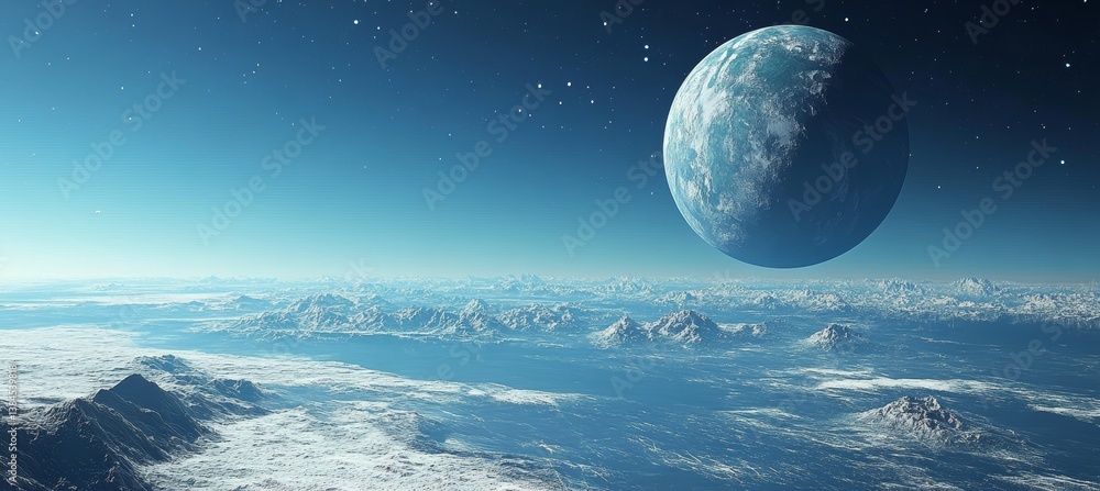 Wall mural giant moon view from ice planet. generative ai technology.