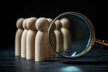 Magnifying Glass Focuses on Wooden Figures Row on Dark BackgroundMacro Shot