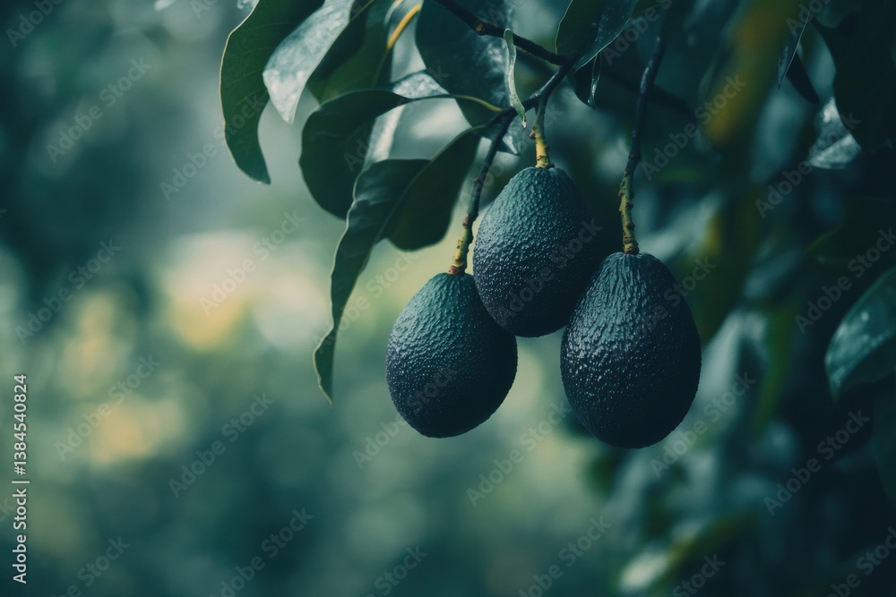 Aufkleber Ripened avocados hanging from a tree branch in an orchard with soft background blur