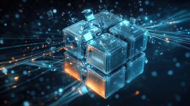Futuristic 3D Render of Fragmented Metallic Cube in Space with Neon Light Trails and Vortex Pattern