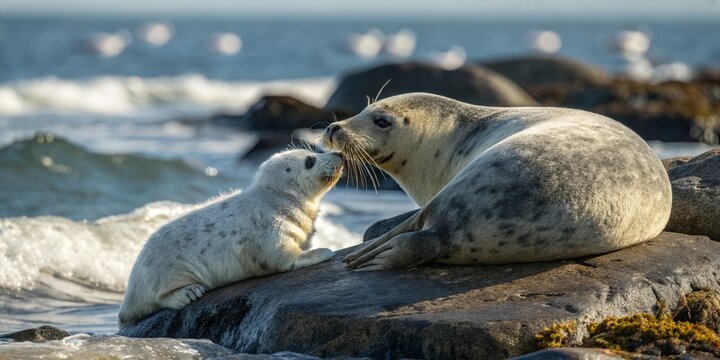 High-resolution image of a playful seal pup and adult resting together by the seaside. Close-up of seal on beach,Donna Nook,Louth,United Kingdom,UK


