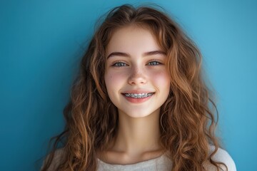 Smiling girl with braces, brown curly hair poses against a blue background. Ideal for dental health, orthodontics, and teenage lifestyle campaigns.