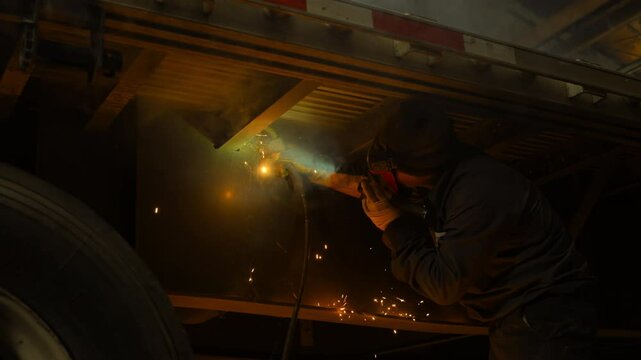 The welder at work, wearing protective gear, welding helmet and heavy-duty cloth. Bright blue and orange sparks are flying as the welding torch fuses metal together