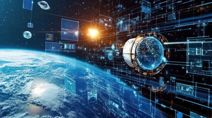 Innovative space station orbiting earth with data visualization interface