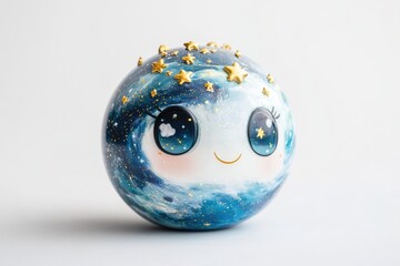 Adorable cosmic sphere with big eyes, painted galaxy, gold stars, and a cheerful smile.