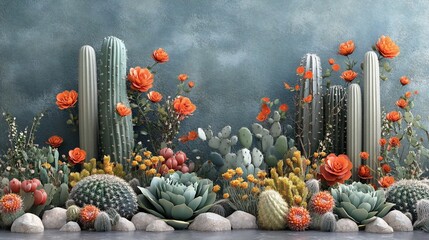 A vibrant desert garden filled with cacti and blooming flowers arrangement