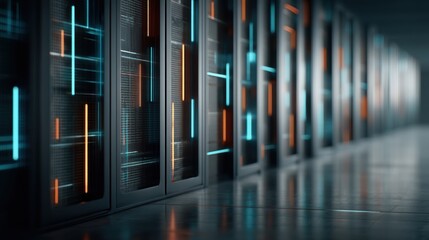 Fototapeta premium A futuristic data center corridor filled with glowing servers, showcasing high-tech infrastructure and a sleek, modern design.
