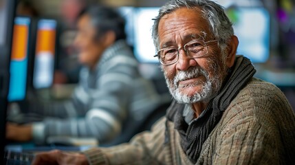 Portrait of a Smiling Senior Man Using a Computer in a Public Library