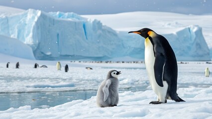 Obraz premium Beautiful wildlife photo of emperor penguin on ice, emphasizing natural habitat and environmental purity. Antarctica, Snow Hill Island, emperor penguins on ice 