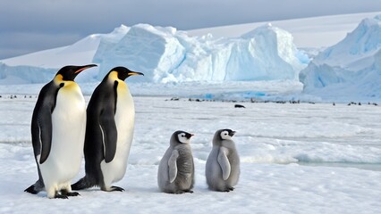 Fototapeta premium Beautiful wildlife photo of emperor penguin on ice, emphasizing natural habitat and environmental purity. Antarctica, Snow Hill Island, emperor penguins on ice 