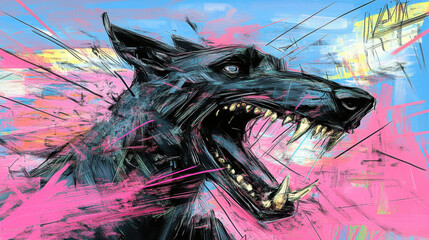 Snarling Wolf in Abstract Pink and Black Digital Painting