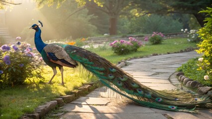Naklejka premium Beautiful peacock showcasing iridescent tail feathers on stone pathway surrounded by blooming flowers. peacock sitting in a bench of an urban park 
