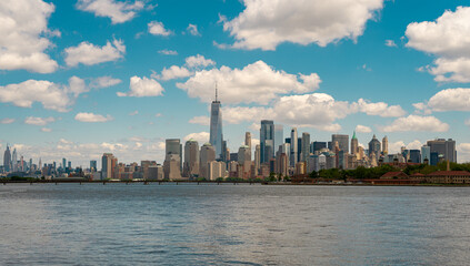 NYC skyline with skyscrapers. Manhattan and Brooklyn. New York City skyline with Hudson River views. Downtown NYC. New York from waterfront skyline. Landmark of of New York.