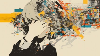 Fototapeta premium Abstract portrait of a woman with a chaotic, fragmented head