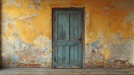Weathered blue door on peeling yellow wall.