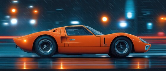 Fototapeta premium Sleek orange sports car speeds through rainy city.