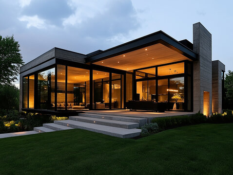 Modern Concrete House with Black Exterior and Wooden Accents, Contemporary home with raw concrete walls black facade clean geometric lines and warm wood details in minimalist design