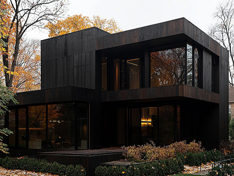 Modern Concrete House with Black Exterior and Wooden Accents, Contemporary home with raw concrete walls black facade clean geometric lines and warm wood details in minimalist design - Powered by Adobe