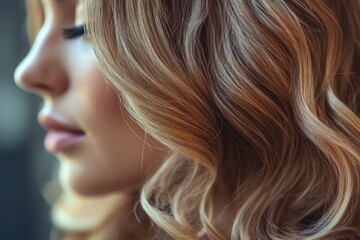 Naklejka premium Profile of a beautiful woman with soft curly hair and smooth skin. Ideal for beauty ads, hair product promotions and healthy lifestyle blogs.