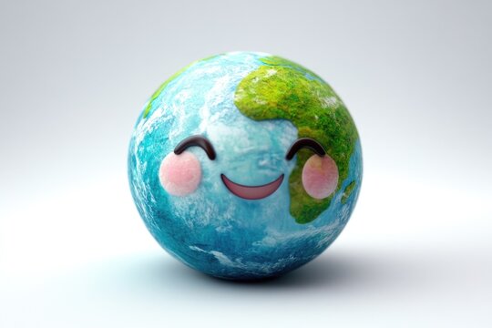 A happy cartoon Earth globe smiles cheerfully, representing environmental care and global unity.