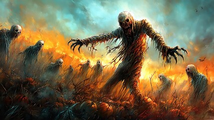 Zombie horde pumpkin field.