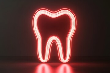 Glowing Tooth Neon Light on Dark Background, Dental Care, Red Neon Contour Isolated