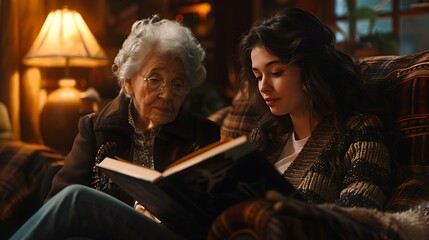 Elderly woman and young woman reading a book together in a cozy home setting enjoying a quiet moment
