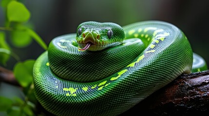 Emerald green snake coiled on branch