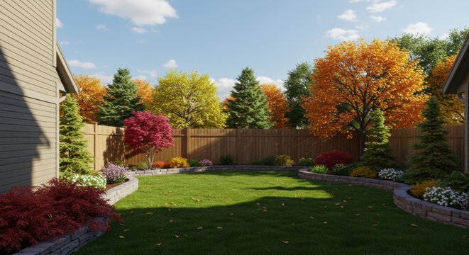 Lush backyard with vibrant fall foliage and a well maintained lawn under a clear blue sky day view